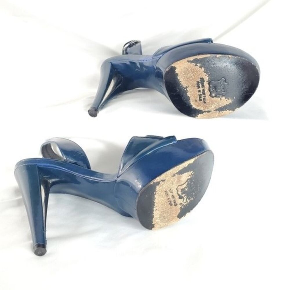 Stuart Weitzman blue patent leather buckle slingback platform shoes heel  7.5 - Picture 6 of 14